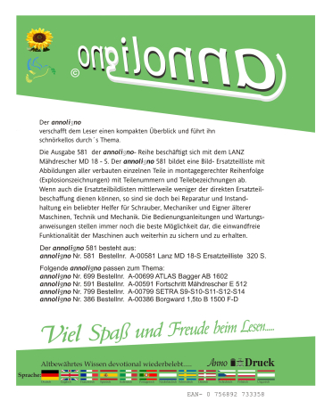 Lanz Mähdrescher Typ MD 18 - S Bild- Ersatzteilliste & Explosionszeichnungen - annoligno 581